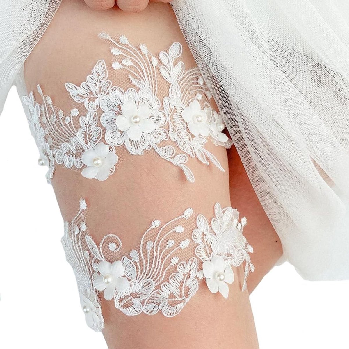 Elegante trouwgordels met kant en bloemen, 2-delige set met parels, elastische bovenbeenringen voor bruiloftsaccessoires