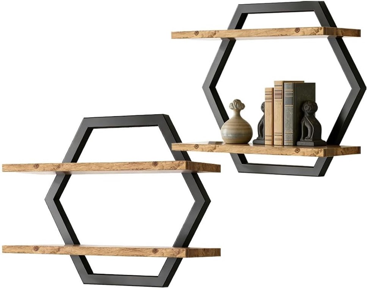 Set van 2 Drijvende Wandplanken van Hout en Metaal, Hexagonaal Ontwerp voor Woonkamer, Slaapkamer en Keuken, Rustiek Bruin en Zwart, Decoratieve Opbergruimte