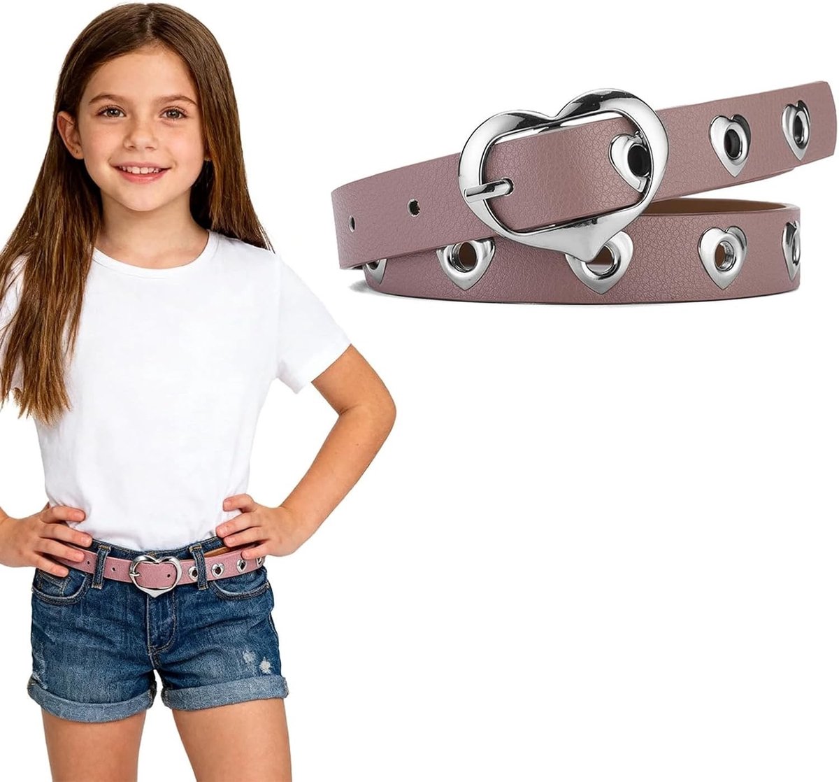 Verstelbare meisjesriem met hartvormige knopen, ideaal voor kinderjurken en broeken, geschikt voor 8-14 jaar