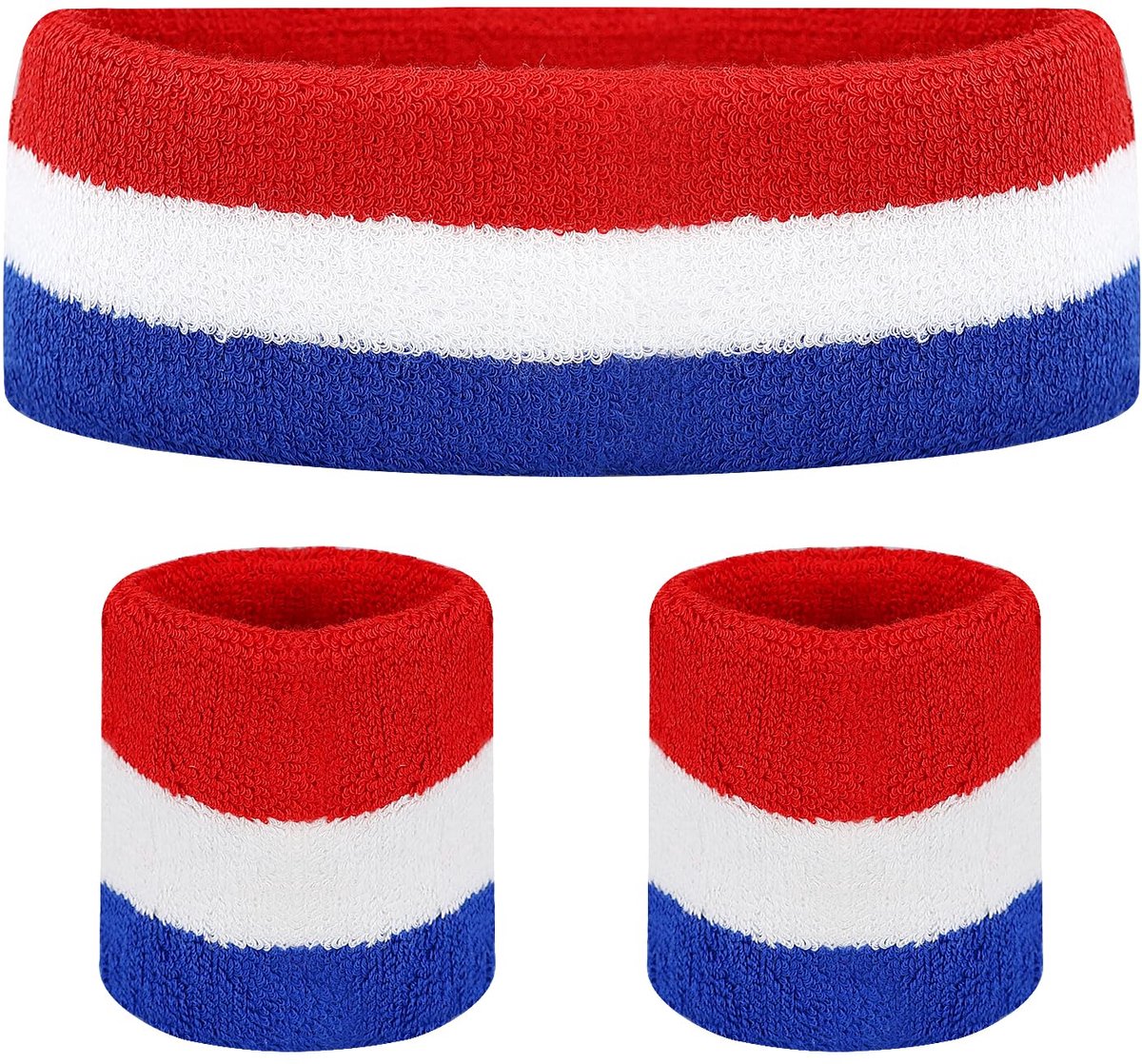 hoofdband en polsband set (1 stuk hoofdband + 2 stuks polsband) rood wit blauw gestreept katoen elastische zweetband voor basketbal tennis oefening