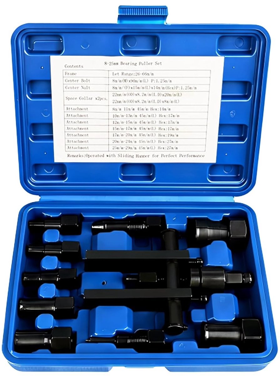 Professionele lagertrekkerset voor binnenlagers, 8-25 mm, 10-delig gereedschap voor motorfiets en fiets, inclusief koffer voor nauwkeurige demontage en gebruiksgemak