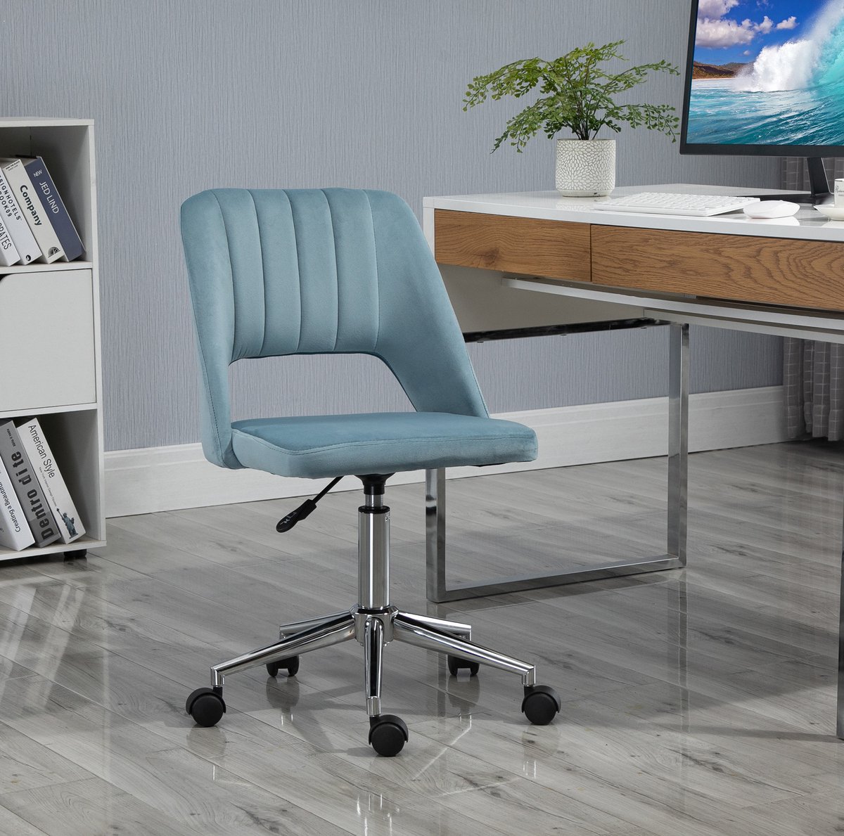 MIVRAY Bureaustoel 49 x 60 x 79-91 cm - In Hoogte Verstelbaar En Draaibaar Met Wielen - Voor Woonkamer En Kantoor - Polyester Blauw