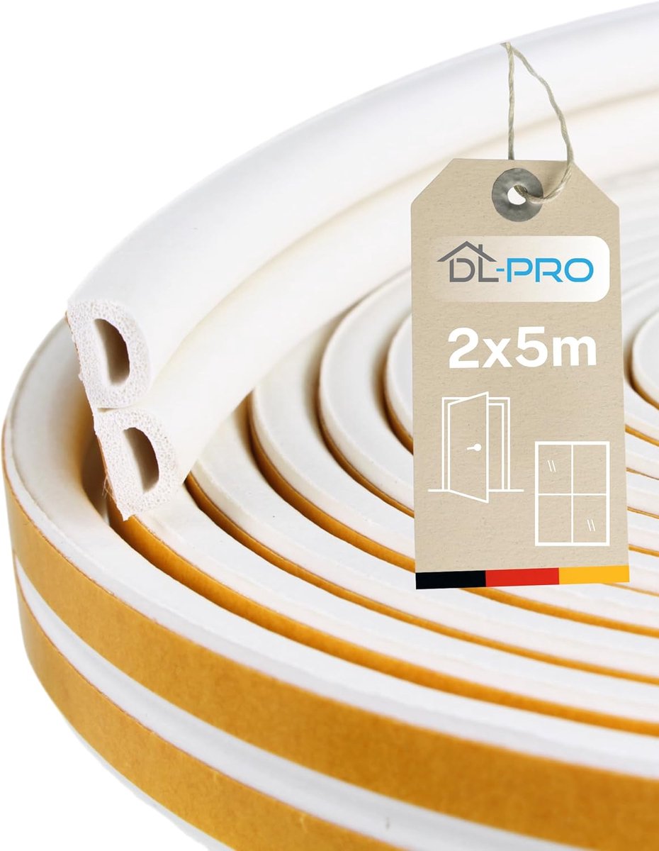 Thijox - 2 x 5 m Afdichtingstape, Wit, Zelfklevend, Rubber Schuim, Tochtstopper voor Deuren en Ramen, Weerbestendig Plakband voor Geluid, Stof en Koud