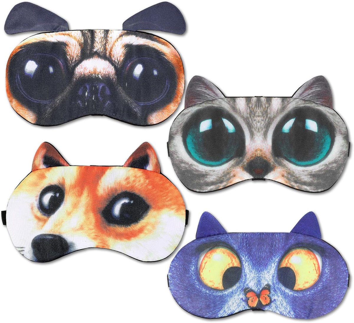 Thijox - 4 Stuks Grappige Dieren Slaapmasker - Zachte Verstelbare Oogmaskers voor Vliegtuig, Reisdutje en Nachtelijk Gebruik - Kat en Hond Patroon - P