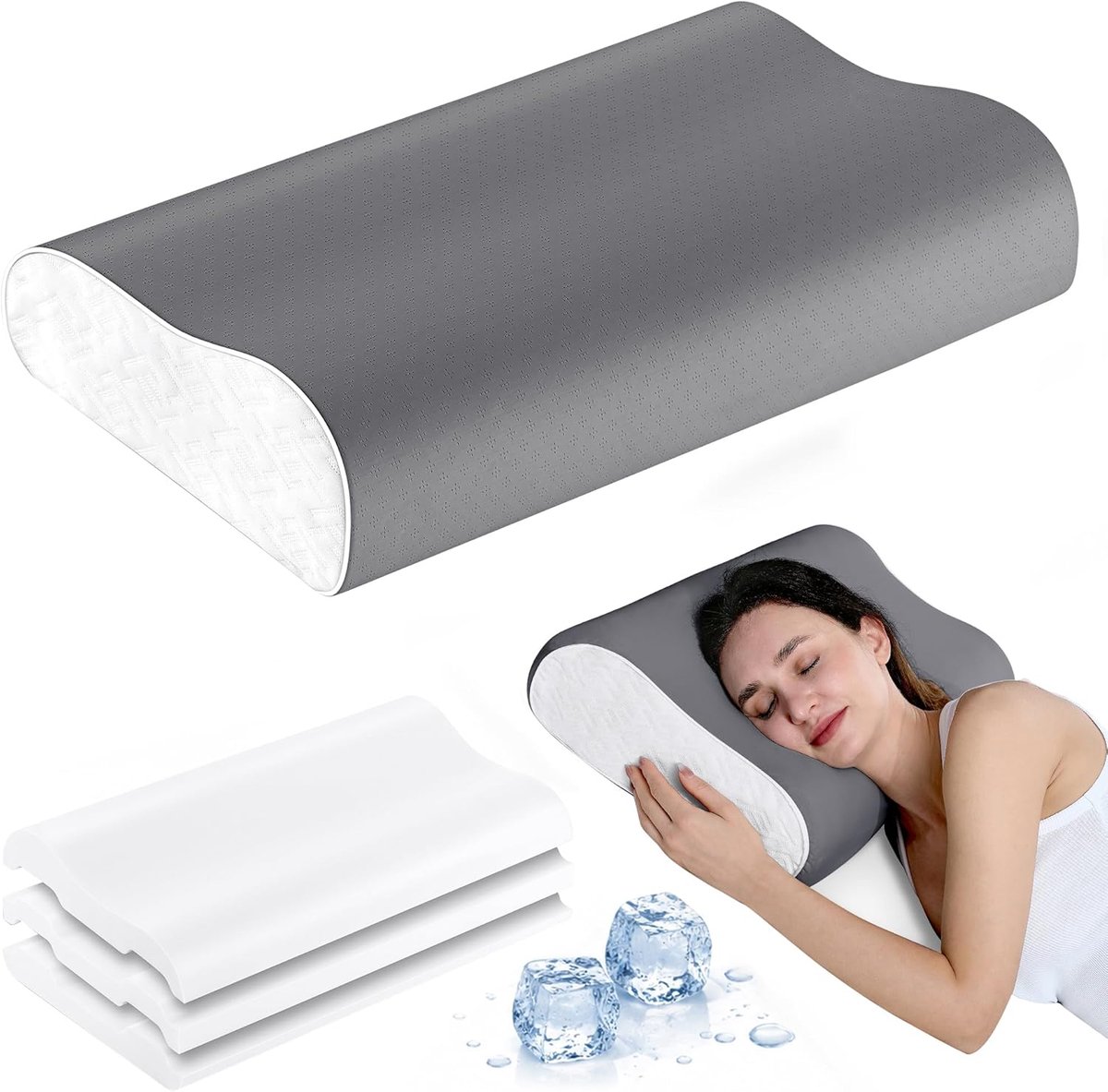 SnelShoppen - Ergonomisch Elviros Memory Foam Kussen voor Neksteun, Orthopedisch Kussen voor Nek en Schouderpijn, Verstelbaar met Koelende Cover, Idea