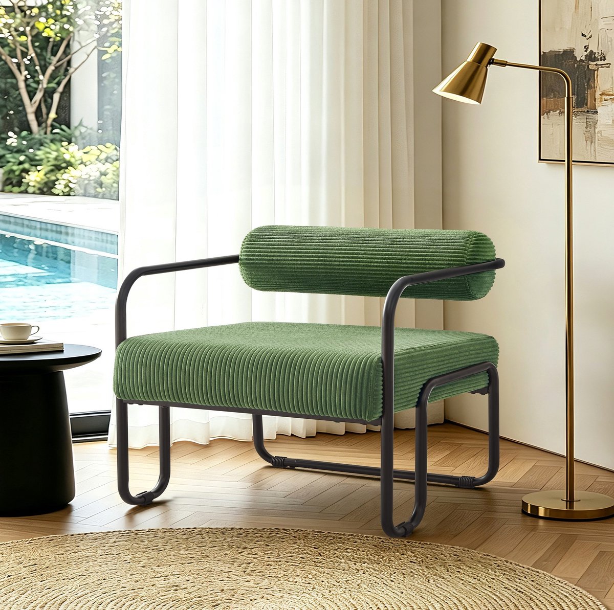 MIVRAY Fauteuil 68,5 x 73 x 70,5 cm - Zachte Corduroy Bekleding Met Metalen Frame - Voor Woonkamer, Slaapkamer Of Kantoor - Groen