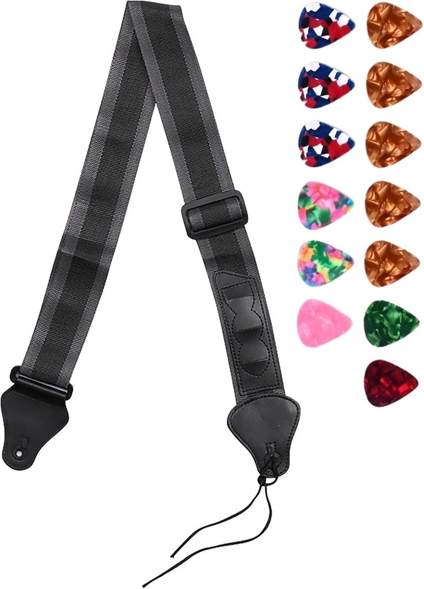 Verstelbare Zwarte Gitaarband met 3 Plectrumhouders en 13 Celluloid Plectrums – Geschikt voor Akoestische, Elektrische Gitaar, Bas en Ukulele – Ideale Gitaaraccessoires Set voor Muzikanten