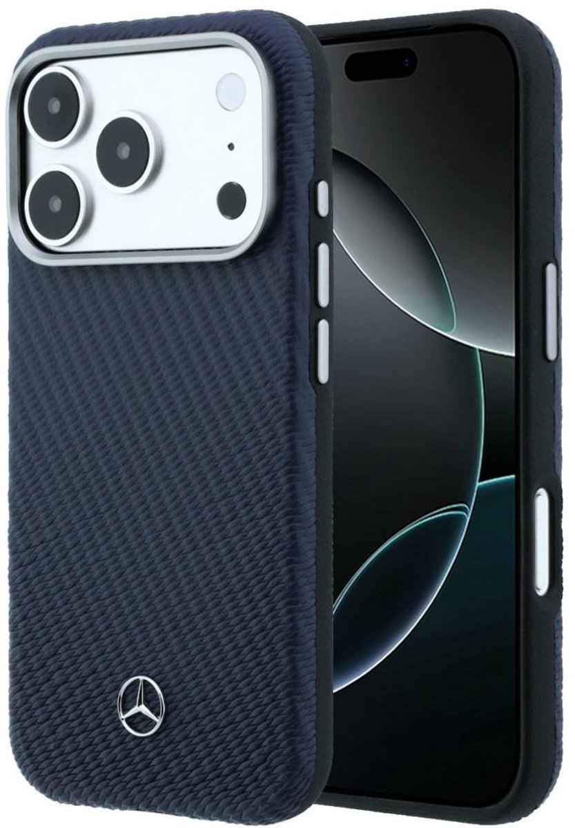 Mercedes Leather Semi Wrap Wood Effect MagSafe Hoesje voor iPhone 17 Pro Max Donkerblauw