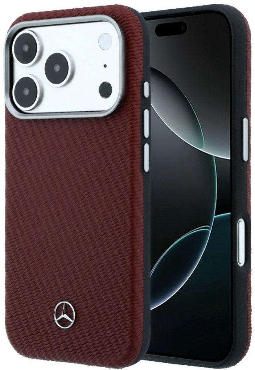 Mercedes Leather Semi Wrap Wood Effect MagSafe Hoesje voor iPhone 17 Pro Max Rood
