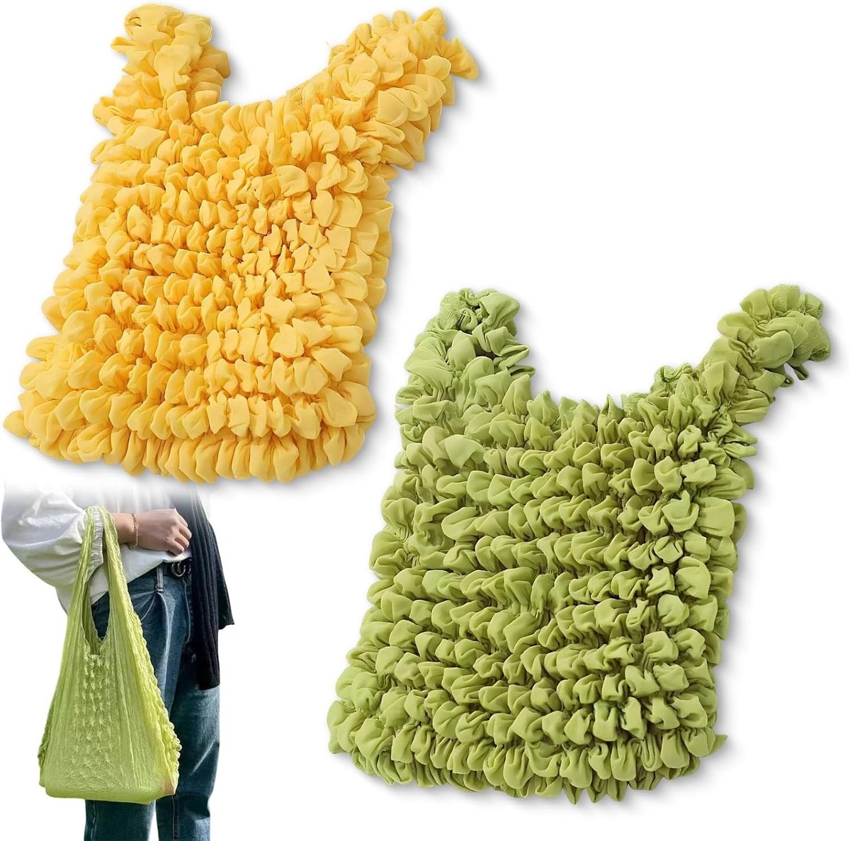 Vouwbare boodschappentas, set van 2 elastische herbruikbare tassen voor winkelen, reizen en dagelijks gebruik (Groen + Geel)