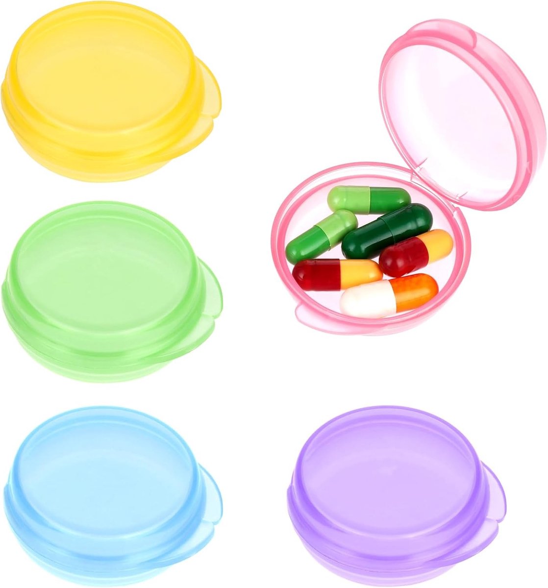 Compacte Pillen Organizer - 5 Stuks Draagbare Mini Reisdoos voor Medicijnen, Vitaminen en Supplementen - Transparante Ronde Container voor Buitenactiviteiten