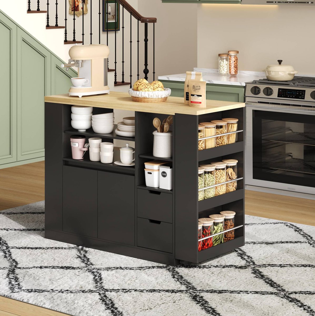 DESMIU Keukenkast - Uitschuifbaar En Draaibaar Werkblad Met Opbergruimte - Voor Keuken En Eethoek - MDF - 115x50x92 Cm - Zwart Naturel