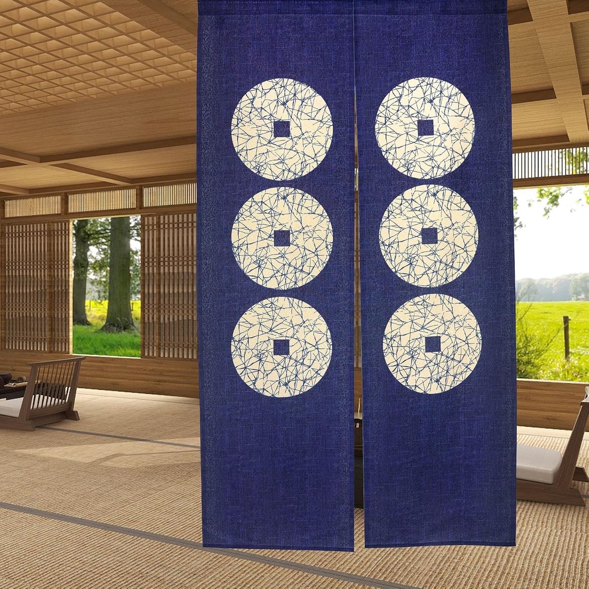 Japanse Stijl Noren Deuropening Gordijn met Zes Munten Patroon - Blauw 85 cm x 159 cm