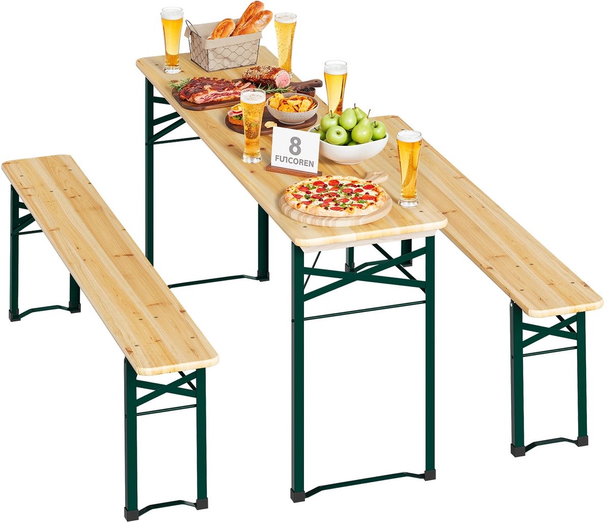 RosaBloom houten biertafelset - Picknickset - Tuinset - Opvouwbaar - Met parasolgat - 170x46x75 cm - Dennenhout en metaal - Natuurlijk hout & Groen