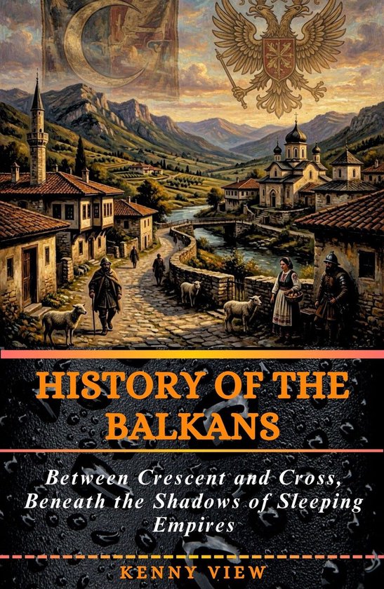 Couverture de livre : 'History of the Balkans'. Un paysage avec un village au bord d'une rivière, des montagnes et un aigle dans le ciel.