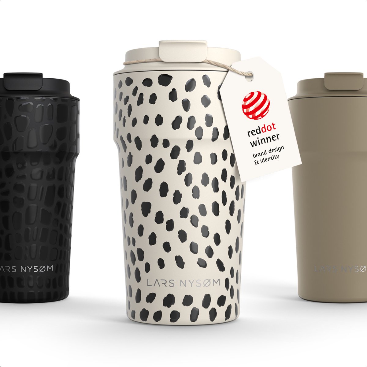 LARS NYSØM Bevægelse Thermos Coffee Mug-to-go 500ml - BPA-vrij met Isolatie - Lekvrije Roestvrijstalen Thermosbeker (Cream Beige/Abstract/Gloss Black)