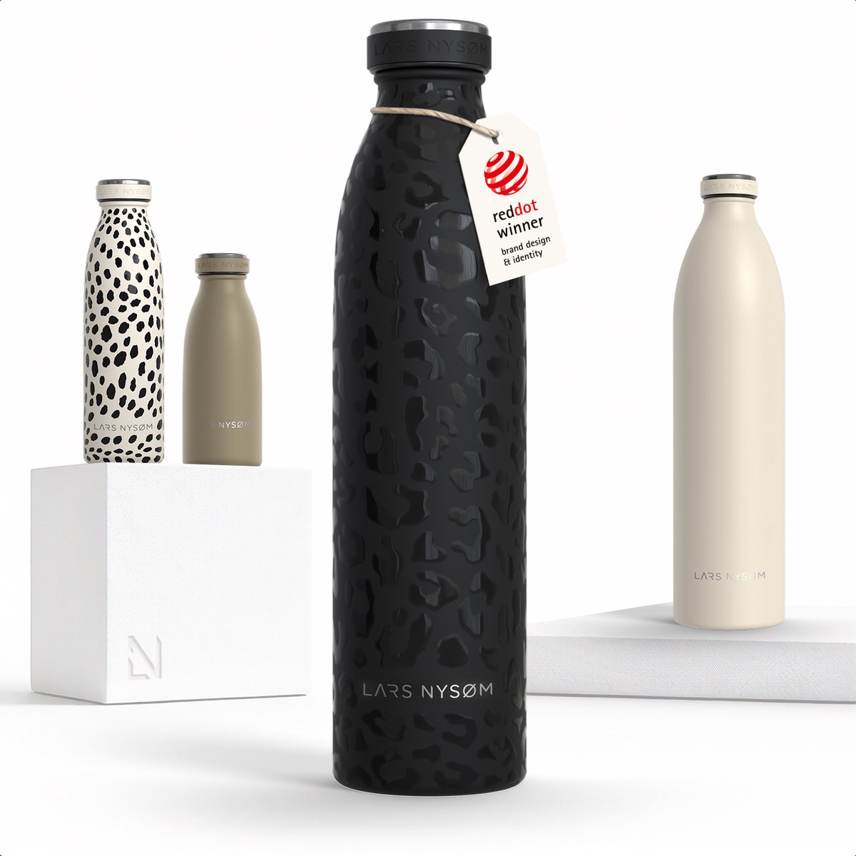 LARS NYSØM Ren Roestvrijstalen drinkfles 750ml - BPA-vrije geïsoleerde waterfles 0,75 Liter (Carbon Black/Leopard/Gloss)