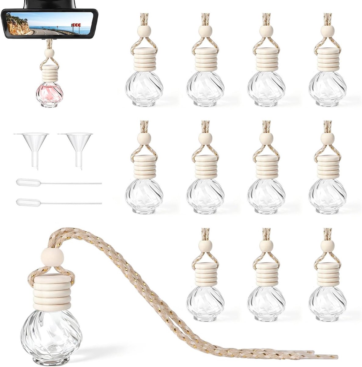 12 Stuks Lege Auto Parfumflessen 9 ml - Navulbare Luchtverfrisser voor Auto, Etherische Olie Diffuser en Hanger voor Thuis en Kantoor