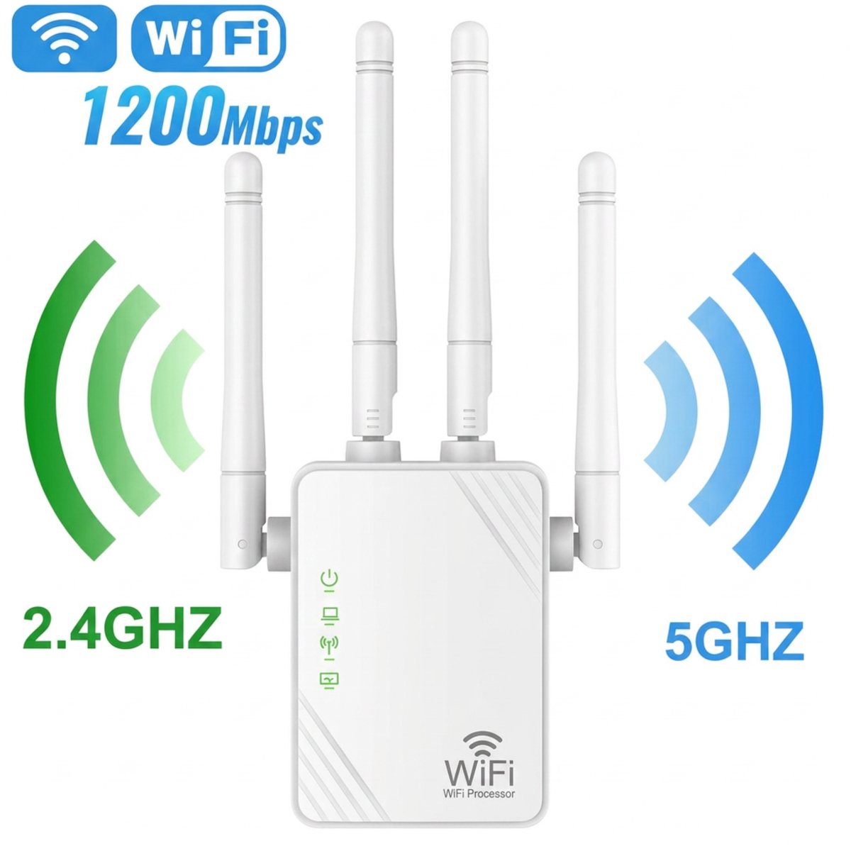 UFTA WiFi Versterker 1200Mbps - Wifi Repeater Dual Band 5GHz en 2.4GHz - Met 4 Antennes - Range Extender voor Heel Huis - Wit