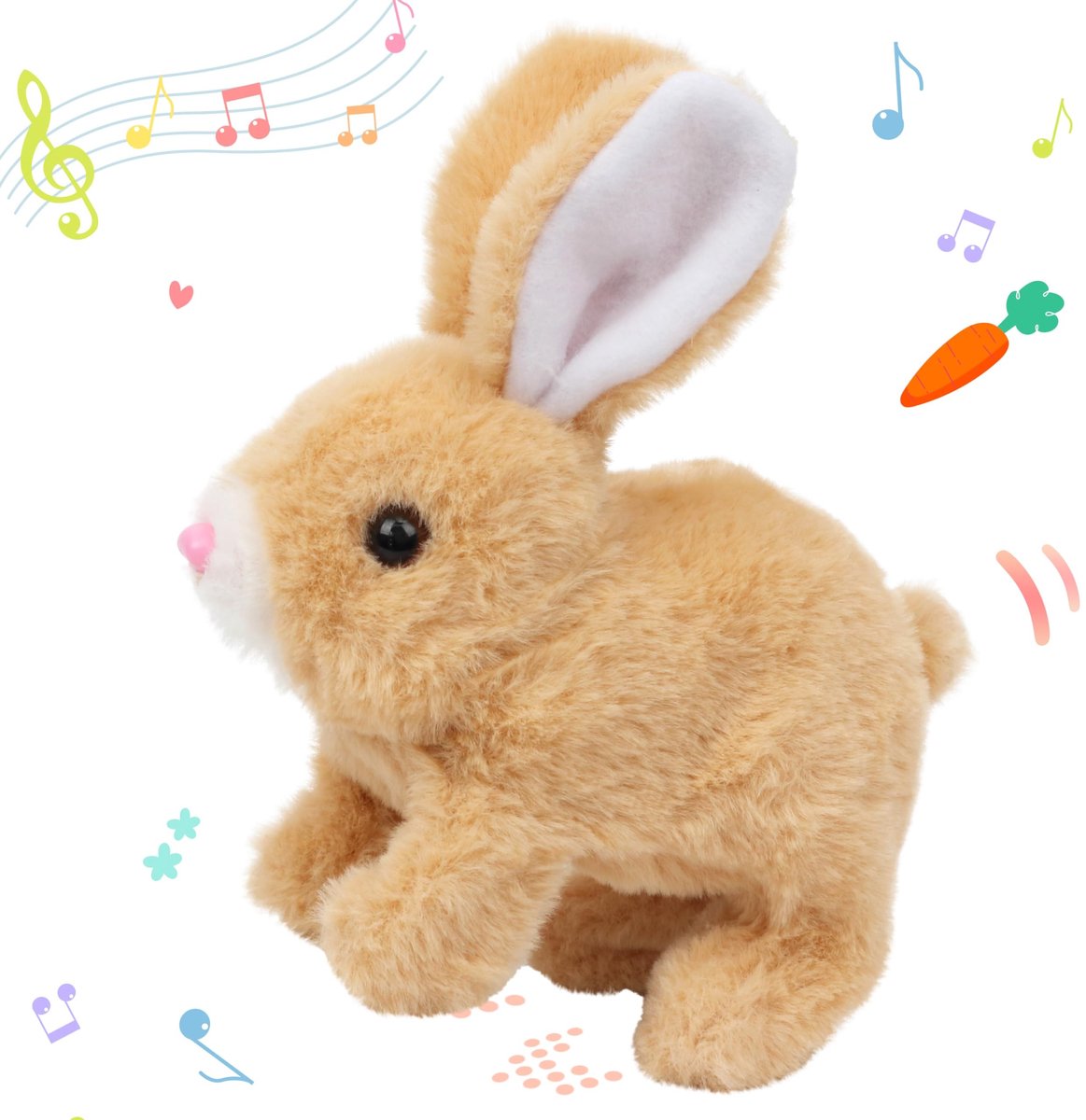 Dailygoods - Hopping Rabbit - Interactief Pluchen Konijn met Geluiden - Bruin, 18 cm