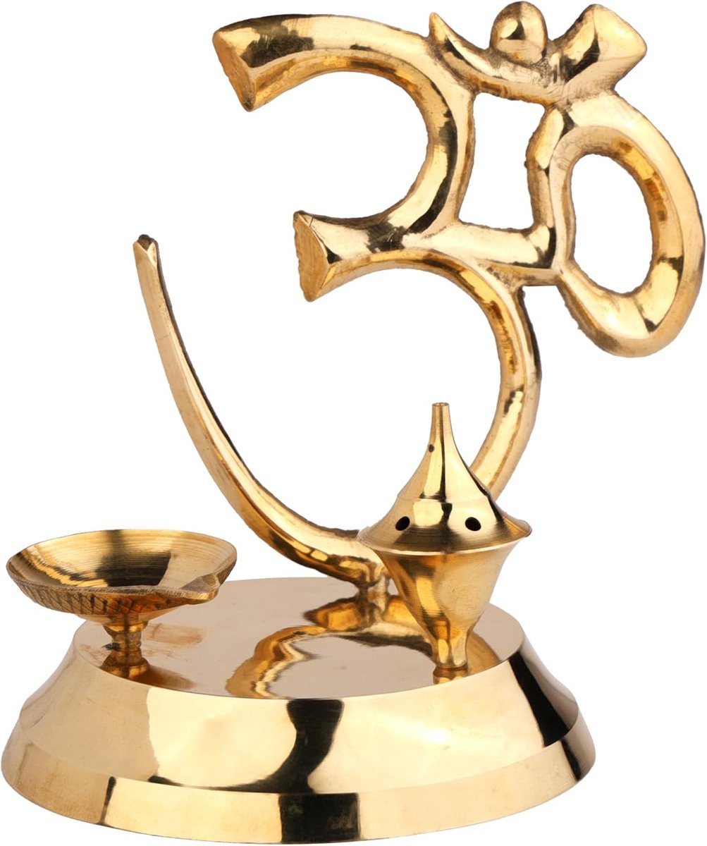 Om Diya Lamp - Hindoestaanse Kaarshouder - Spirituele Decoratie - Geïntegreerde Branders - 13 cm Hoog - Goudkleurig
