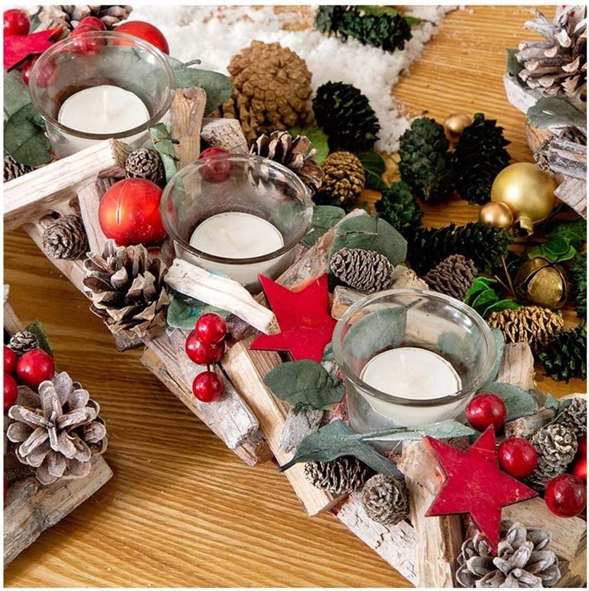 Houten Kandelaar - Glazen Decoratie - Feestelijke Sfeer - Unieke Vormgeving - Tot 40 cm - Natuurlijk Hout