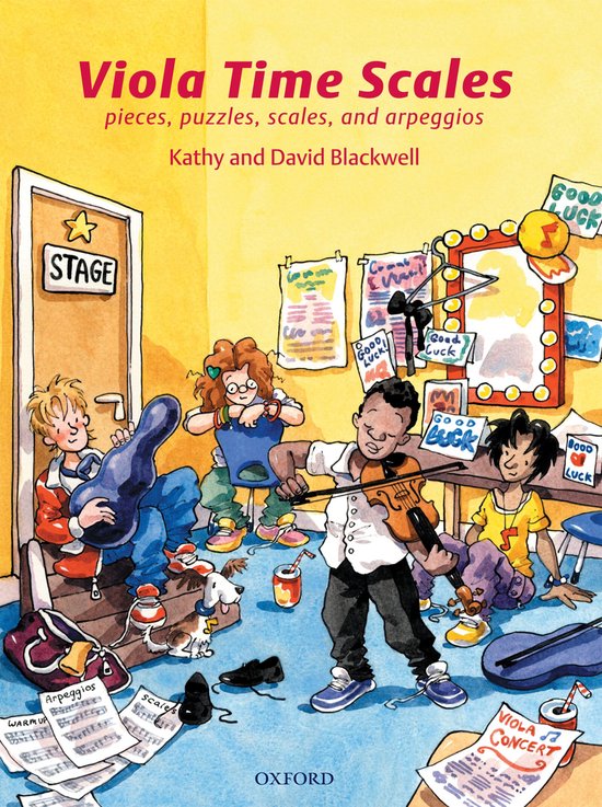 Couverture du livre Viola Time Scales avec quatre enfants se préparant pour une performance, avec des partitions et des affiches "Good Luck".
