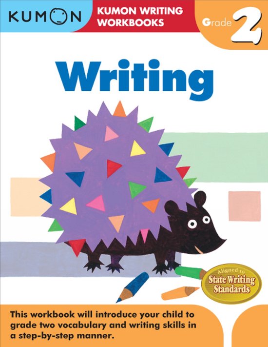 Kumon Writing Werkboeken, Niveau 2, met een paarse egel met veelkleurige stekels.