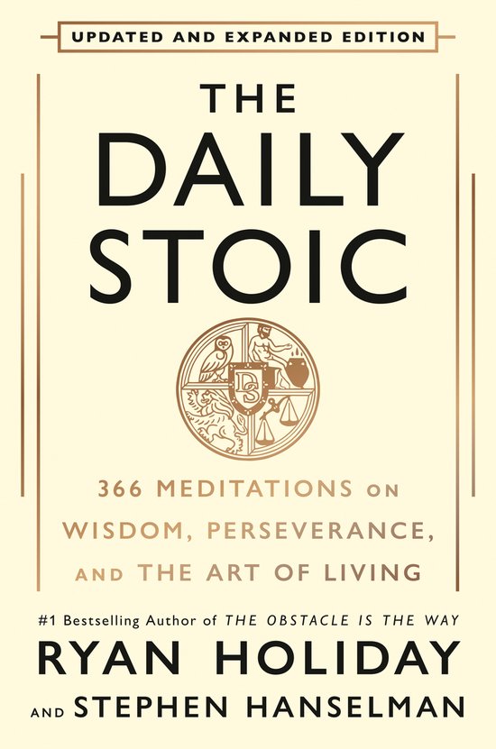 Boekomslag: 'The Daily Stoic', bijgewerkte en uitgebreide editie met gouden lijnen en tekst.