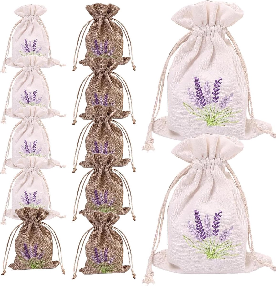 Lege geurzakjes - Kleine stoffen tasjes - Kast en lade verfrisser - Geborduurd met trekkoord - 12 stuks 10x14cm