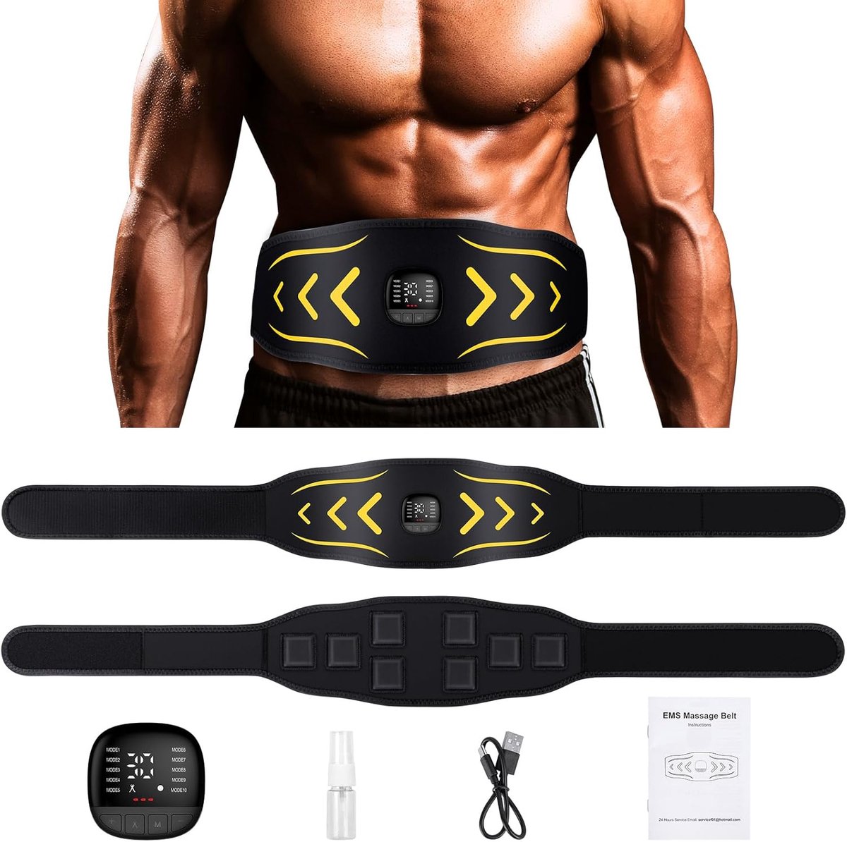 Buikspiertrainer - Spierstimulator - Spierversterking - 10 standen 30 intensiteiten - Gemiddelde maat - Zwart