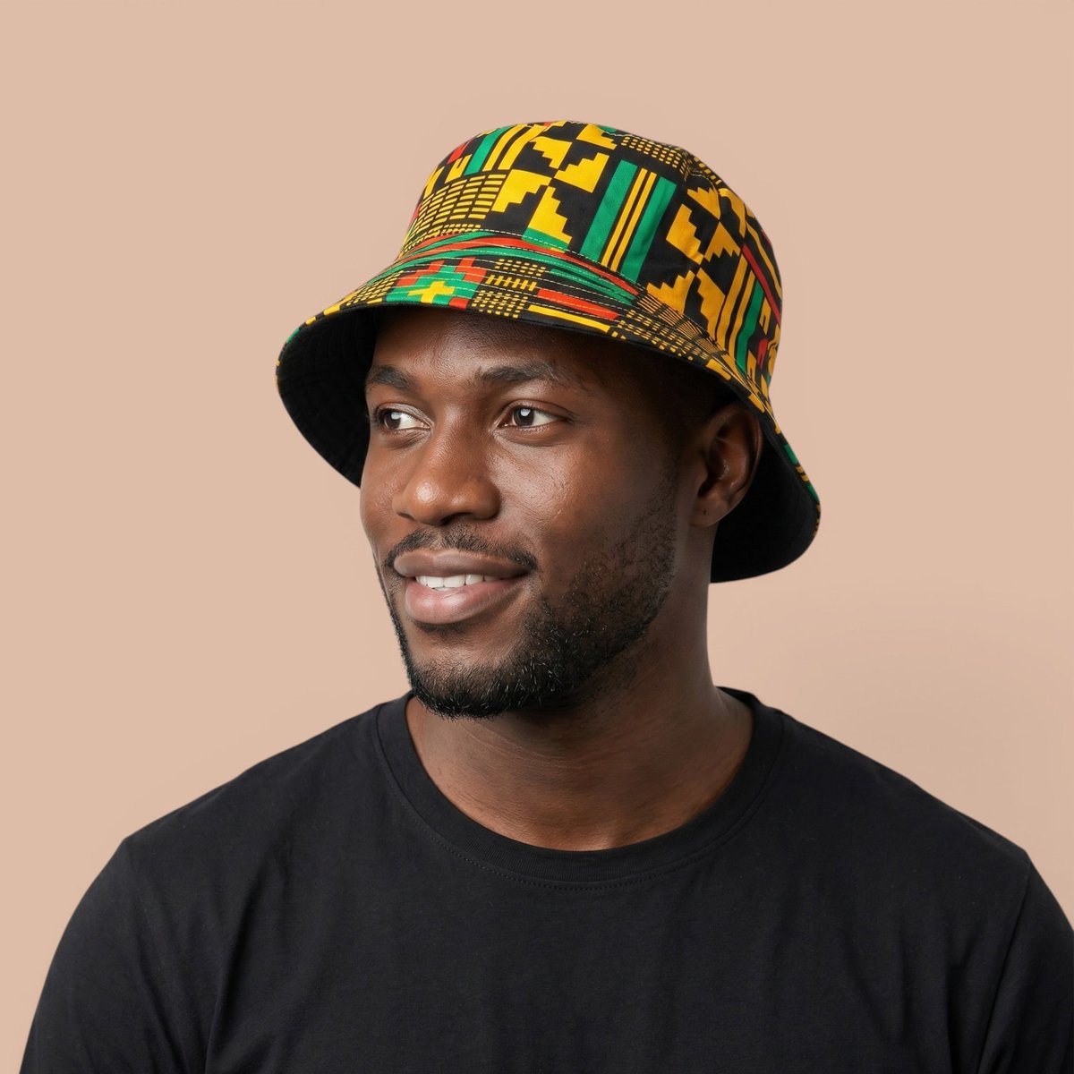 Bucket hat / Vissershoedje met Afrikaanse print - Zwart Groen Kente - Kinderen & Volwassenen (Unisex) - S