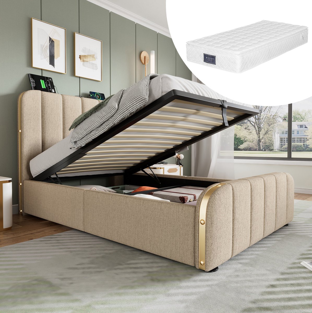 MEUNIQ eenpersoons opbergbed 90x200 cm met USB en Type-C, gestoffeerd bed met hydraulische opbergruimte, lattenbodem en metalen details, beige slaapkamerbed