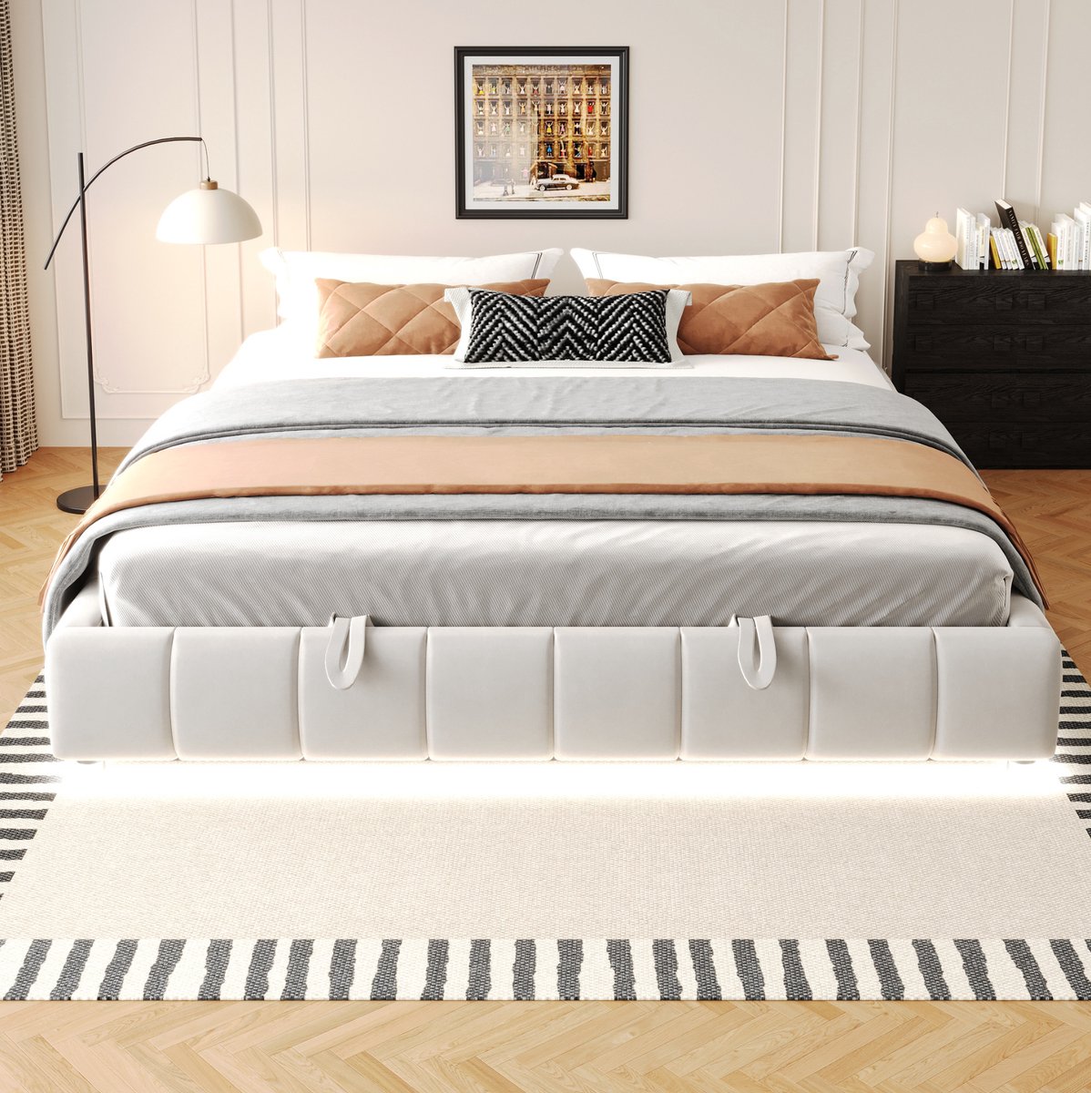 MEUNIQ gestoffeerd bed 180x200 cm zonder hoofdbord met hydraulische opbergruimte, LED-lichtstrip en lattenbodem, tweepersoons bedframe voor slaapkamer, beige