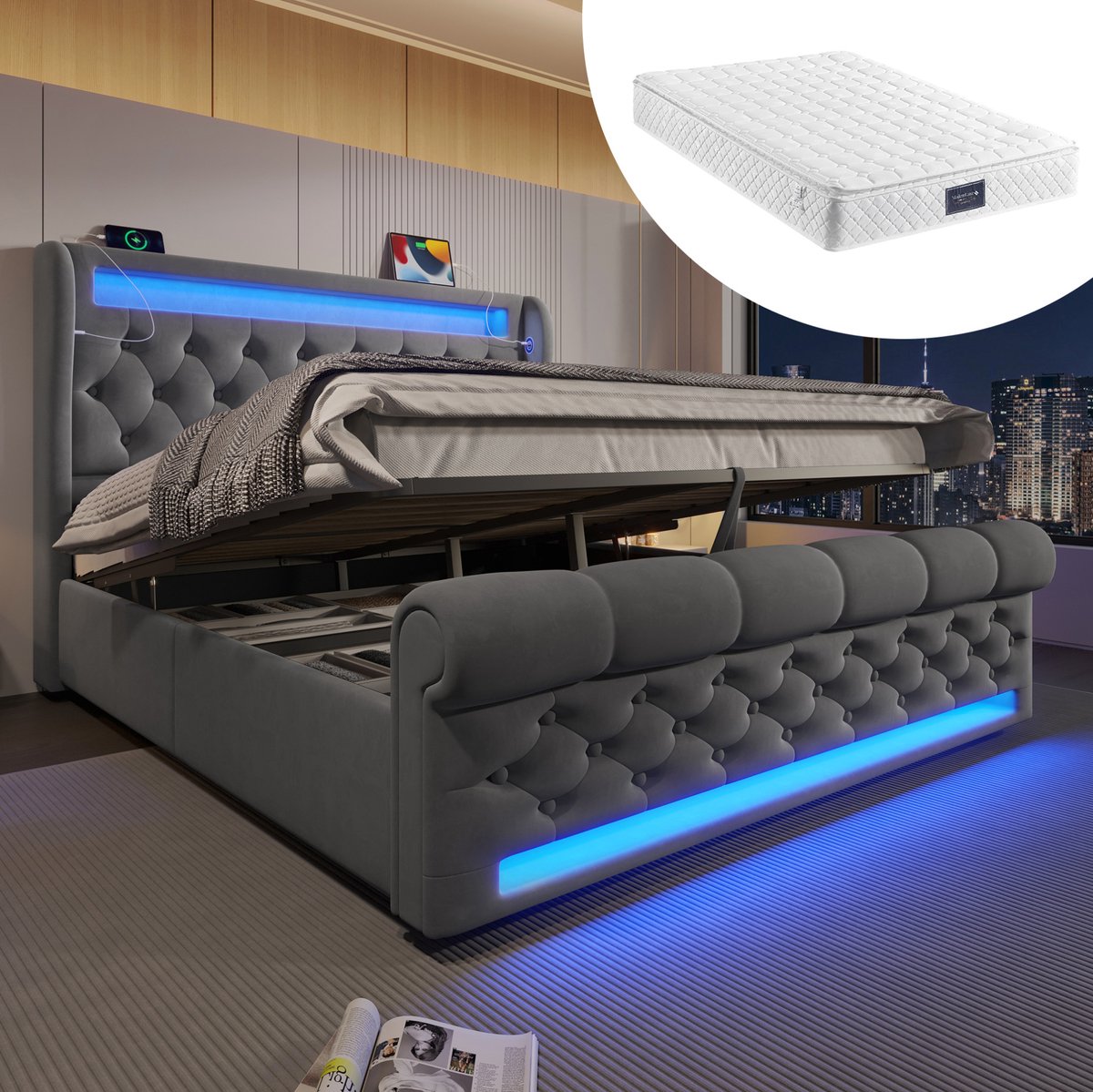 MEUNIQ gestoffeerd tweepersoons bed 140x200 cm met matras, LED-verlichting, hydraulische opbergruimte, USB en Type-C, fluwelen bedframe voor slaapkamer, grijs