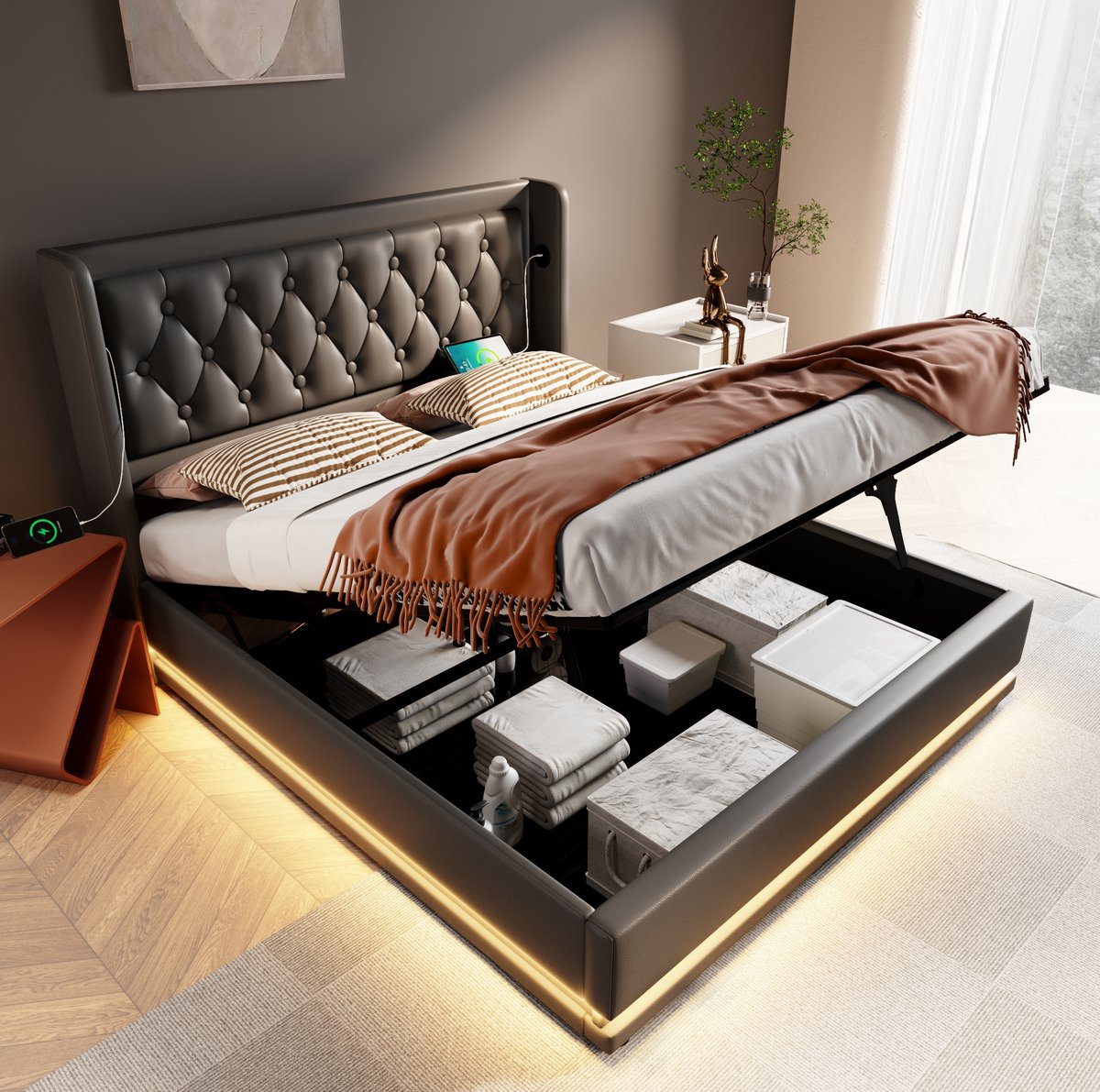 MEUNIQ tweepersoons bed 160x200 cm met hydraulische opbergruimte, gestoffeerd hoofdbord met USB en Type-C, 3-zijdige LED-verlichting, zwart kunstleer
