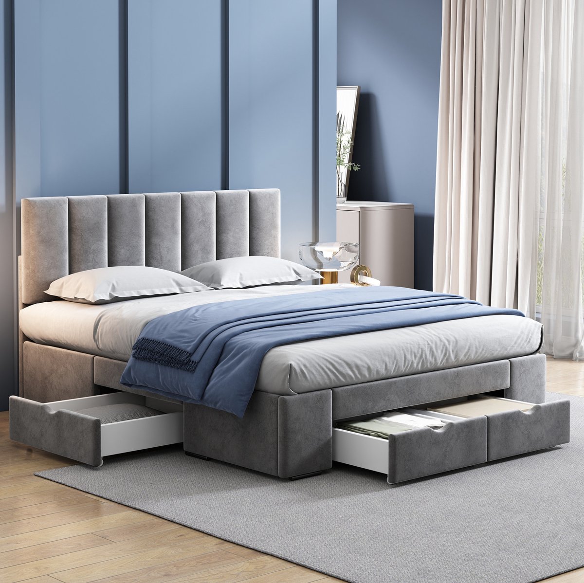 MEUNIQ gestoffeerd bed 140 x 200 cm met lattenbodem, verstelbaar hoofdbord en 4 lades, tweepersoons bedframe voor slaapkamer, grijs