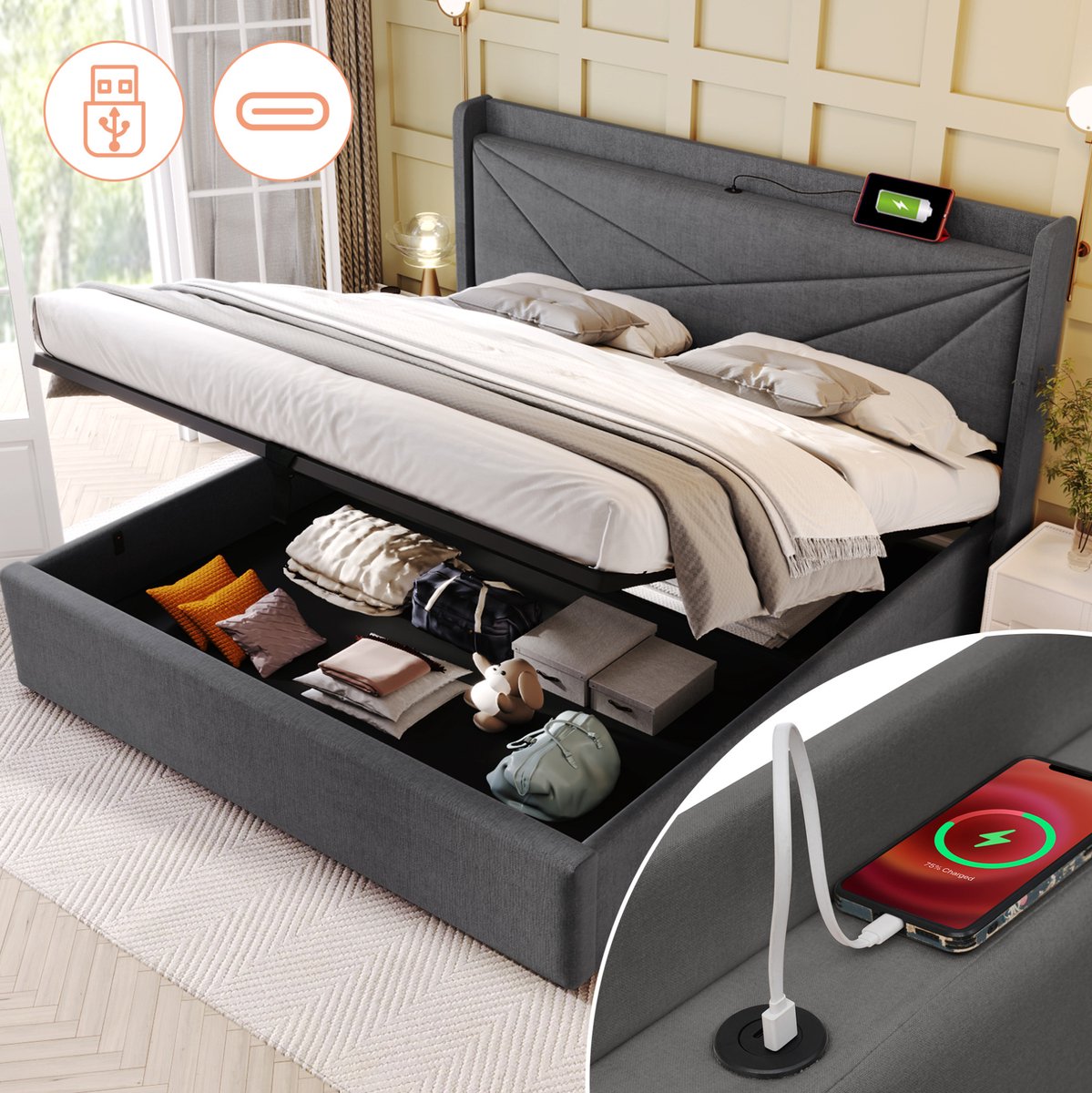 MEUNIQ tweepersoonsbed 160x200 cm met opbergruimte, USB en USB-C in hoofdbord, lattenbodem, stoffen bedframe voor slaapkamer, grijs Grey