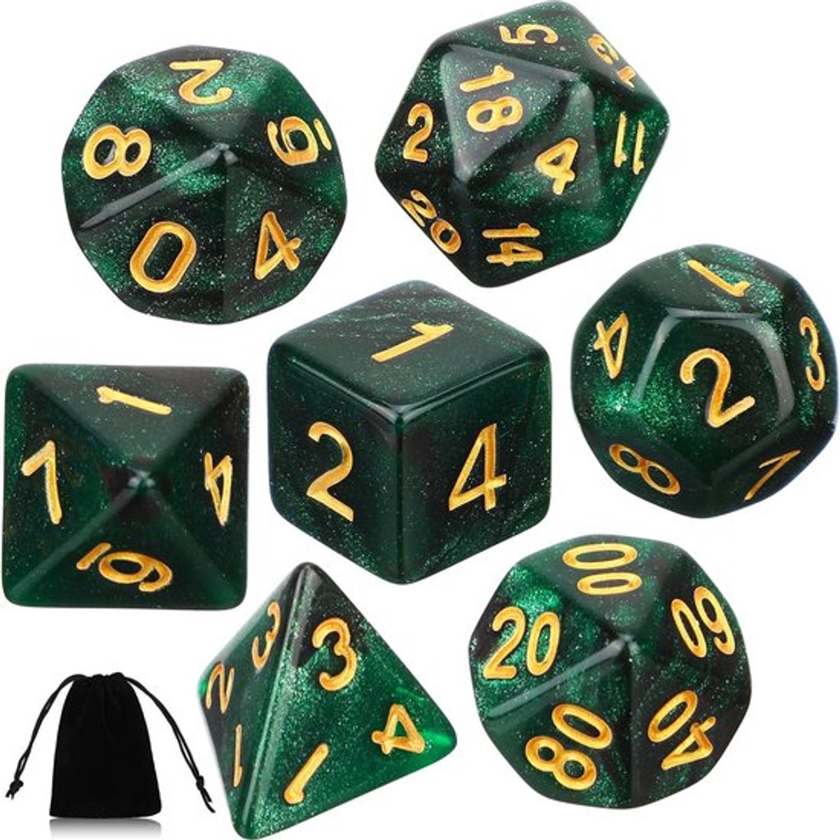 Vt products - 7-delige polyhedral dobbelstenen set - Rollenspellen - Zwarte hoes