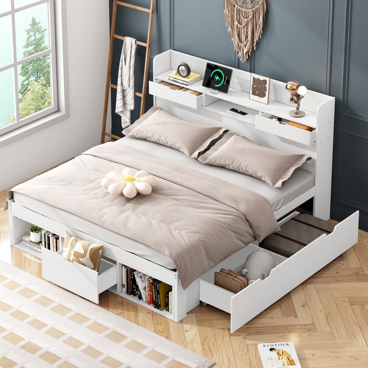 MEUNIQ tweepersoonsbed 160x200 cm met USB en Type-C, lattenbodem, lades en opbergkast, bedframe zonder matras voor kinderkamer of tienerkamer, wit