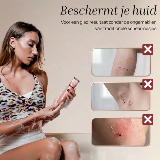 Een vrouw met nat haar scheert haar oksel met een roze ladyshave. Vergelijking van 'voor' en 'na' met bebloede, geïrriteerde huid links en gladde huid rechts.
