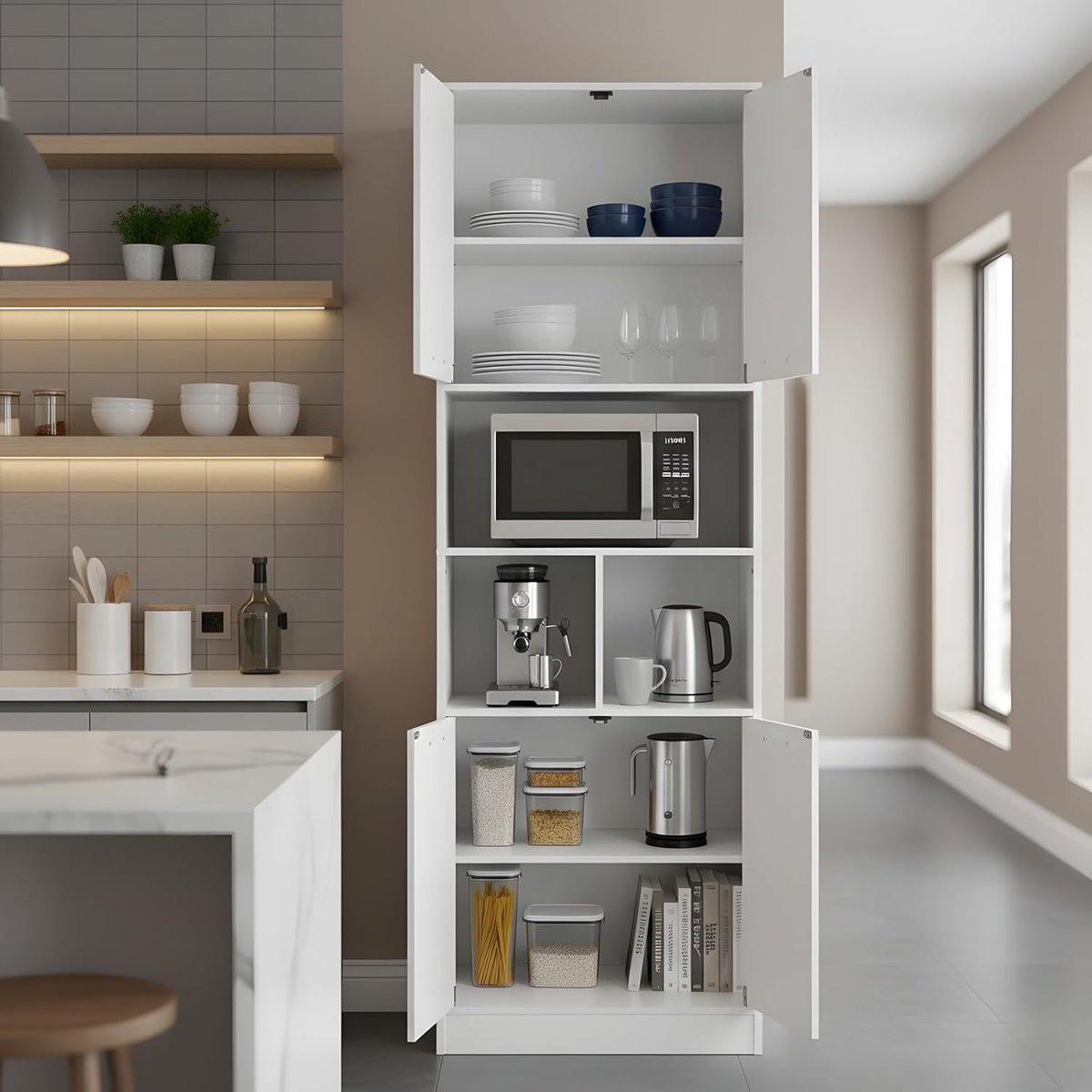 Voorraadkast Keuken - Hoge Keukenkast Opbergkast - Keuken Organiseren - Met Open Vak - 180 cm Hoog - Wit