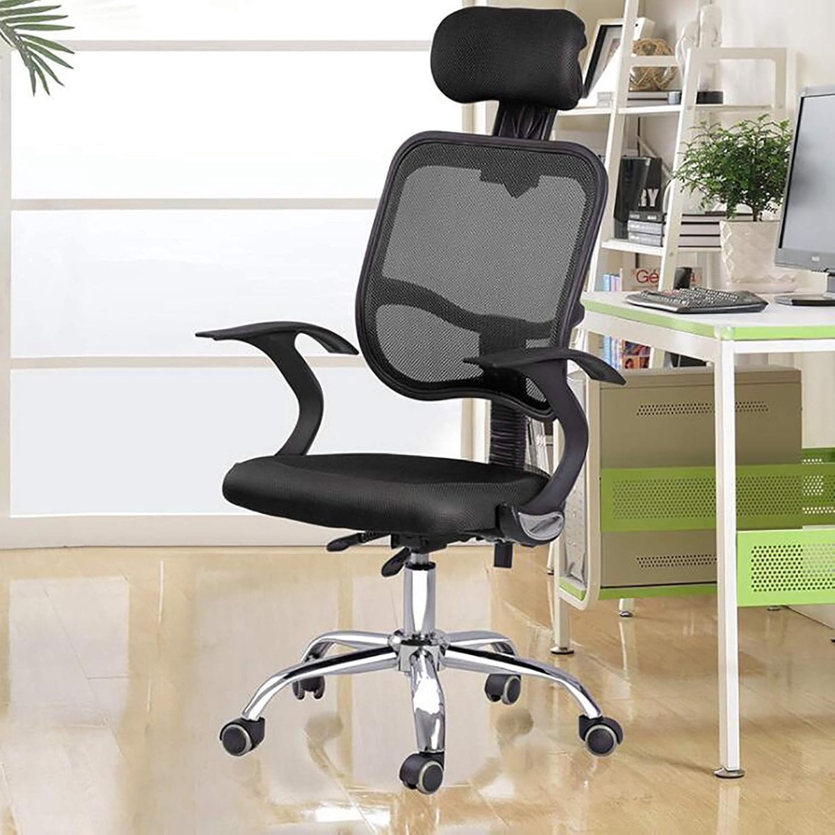 Bureaustoel - Ergonomische stoel - Comfortabel werken - Ademende mesh - 60x50x118-128cm - Zwart