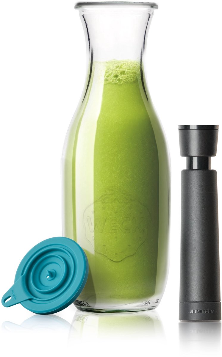 Airtender Smoothie Saver | Vacuüm karaf van glas (1000ml) | Vacuümdeksel + GRATIS -pomp | 100% Plasticvrij | Smoothies, juices en shakes tot 5x langer vers, kleurrijk en vitaminerijk | Maak smoothies voor de hele week! | + To-Go Clip