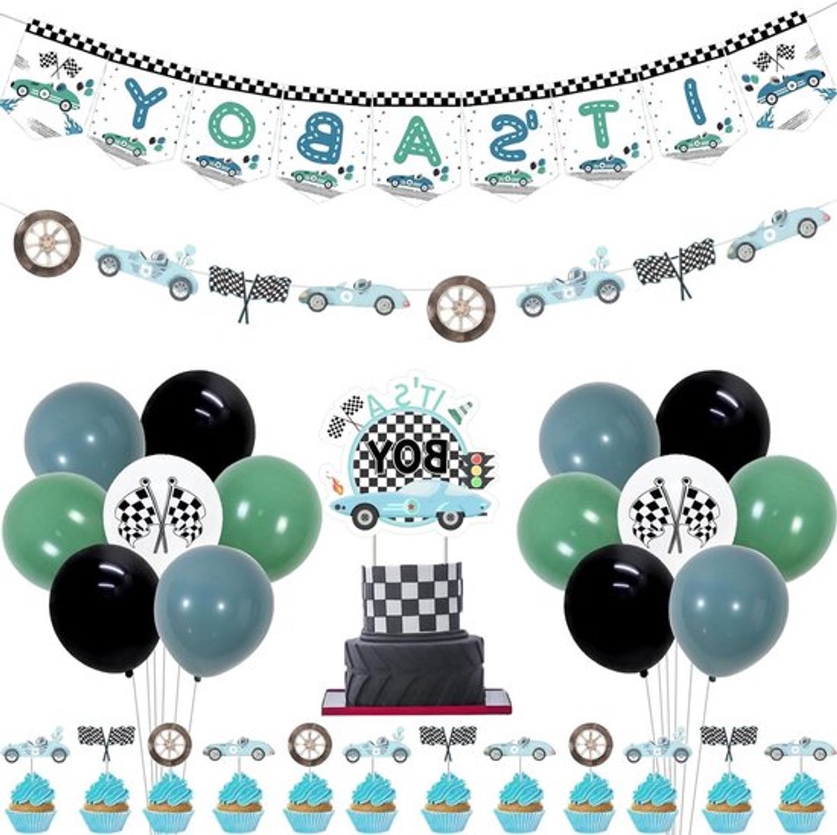 Baby douche decoraten met blauwe race auto thema voor jongen