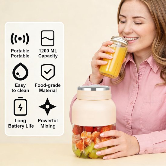 Flessenmixer Draagbaar - Smoothie Maker To Go - Verse Sappen Maken - 38 Roestvrijstalen Messen - 1200 ml - Groen — afbeelding 4