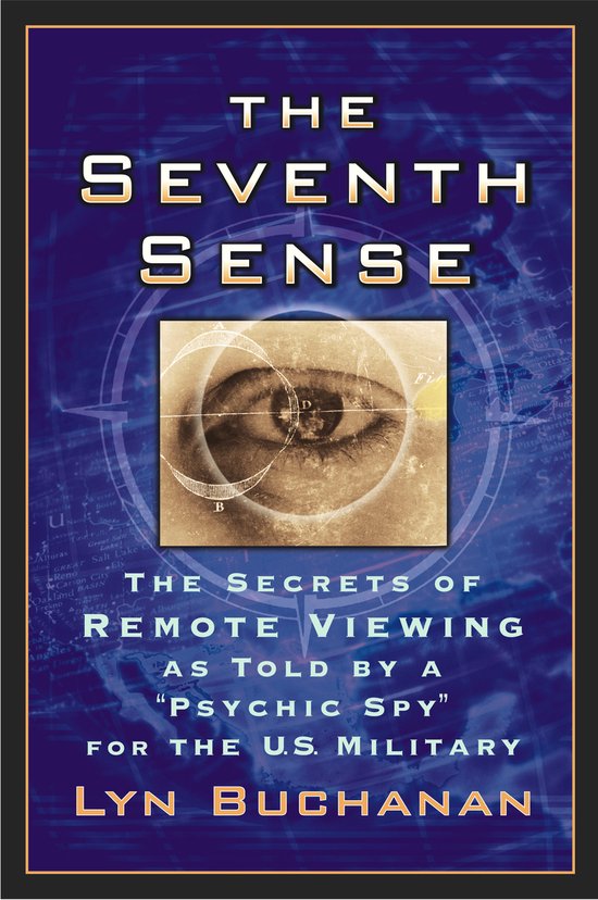 Boekomslag van 'The Seventh Sense'. De cover toont een gedetailleerde afbeelding van een oog met een kompasroos op de achtergrond, met de titel en auteursnaam.