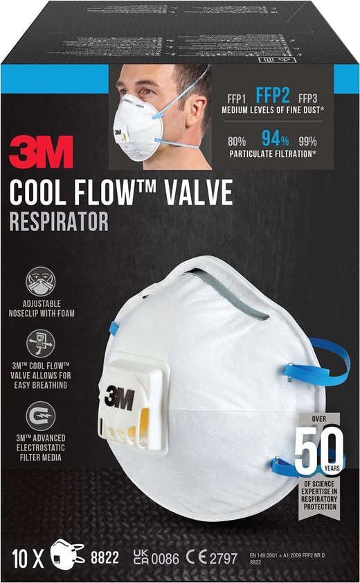 3M Cool Flow ademhalingsmasker, wit, met verstelbare neusclip en blauwe elastische banden. Het ventiel is wit met 3M logo.