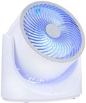 Witte tafelventilator met blauwe LED-verlichting binnenin en op de voet. Grrijze bladen.