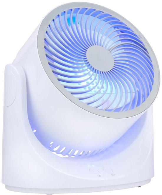 Witte tafelventilator met blauwe LED-verlichting binnenin en op de voet. Grrijze bladen.